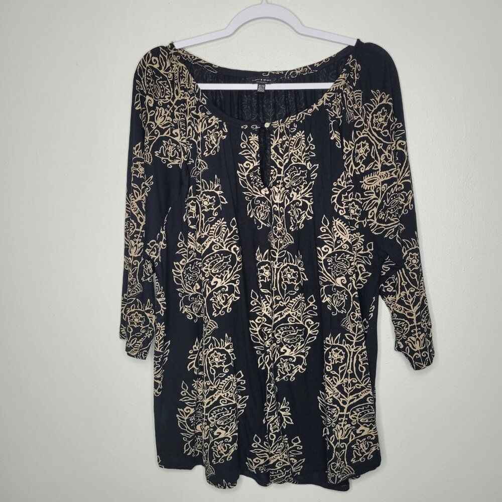 Lucky Brand black tan boho print 3/4 sleeve plus size casual top size 3x